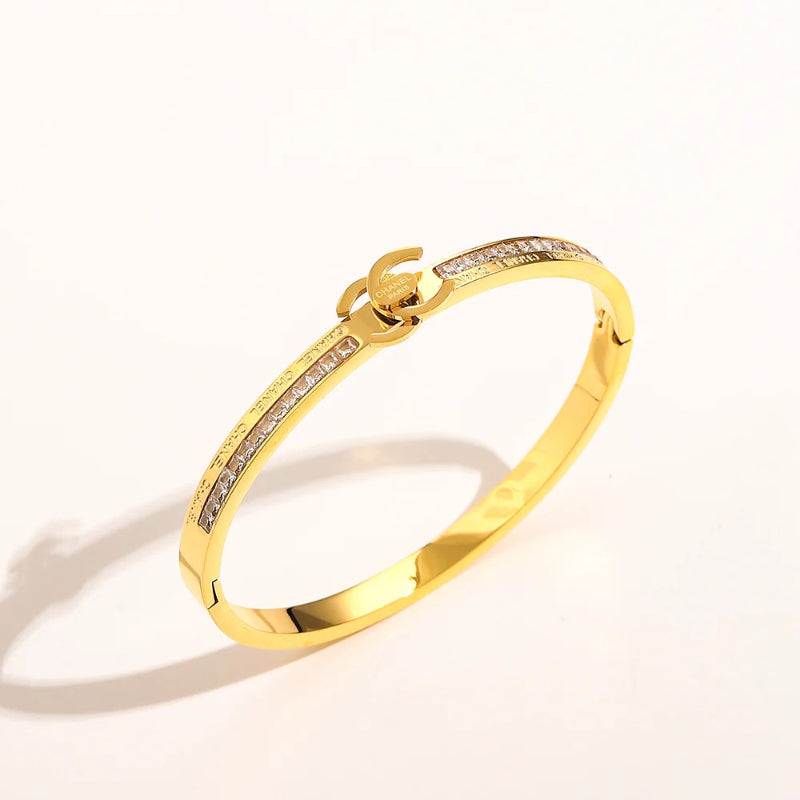 304 Stainless Steel Pave Interlocking-C Slim Bangle Bracelet