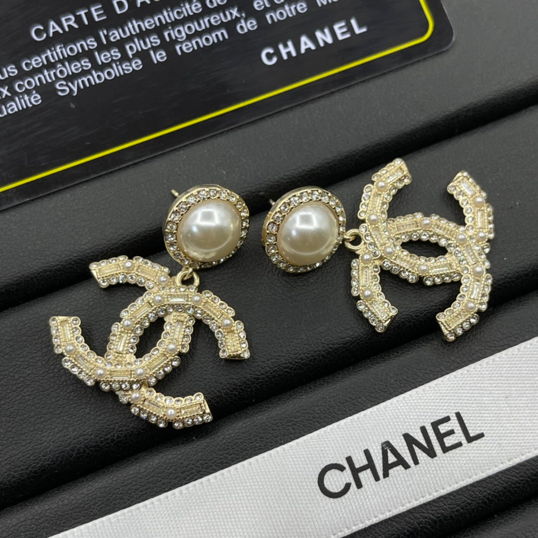 Pearl-Effect & Pave Interlocking-C Drop Earrings