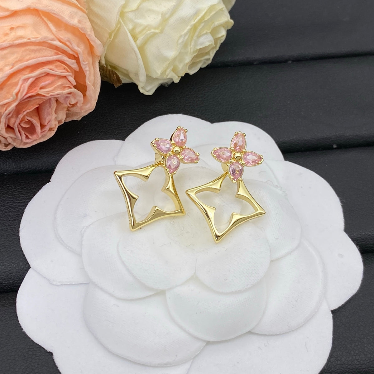 Pave Flower & Openwork Floral Drop Earrings