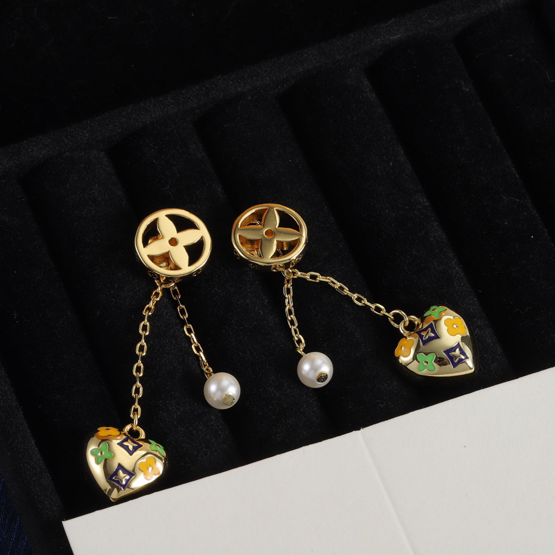 Heart & Pearl-Effect Double Chain Earrings
