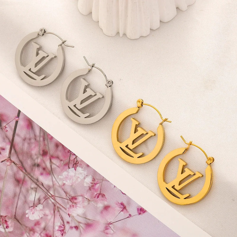 304 Stainless Steel Round Frame Monogram Hoop Earrings