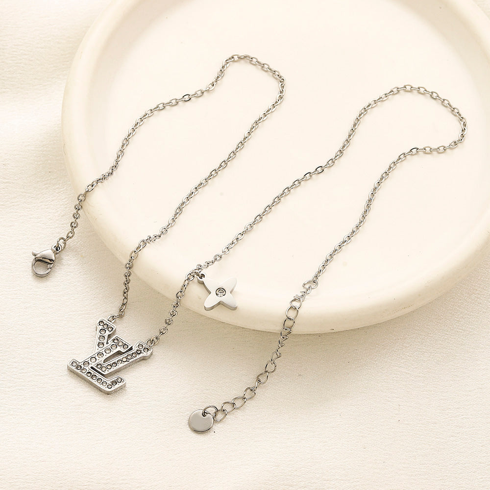 304 Stainless Steel Pave Monogram & Flower Pendant Necklace