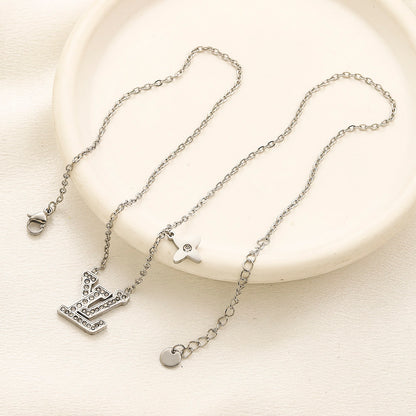 304 Stainless Steel Pave Monogram & Flower Pendant Necklace