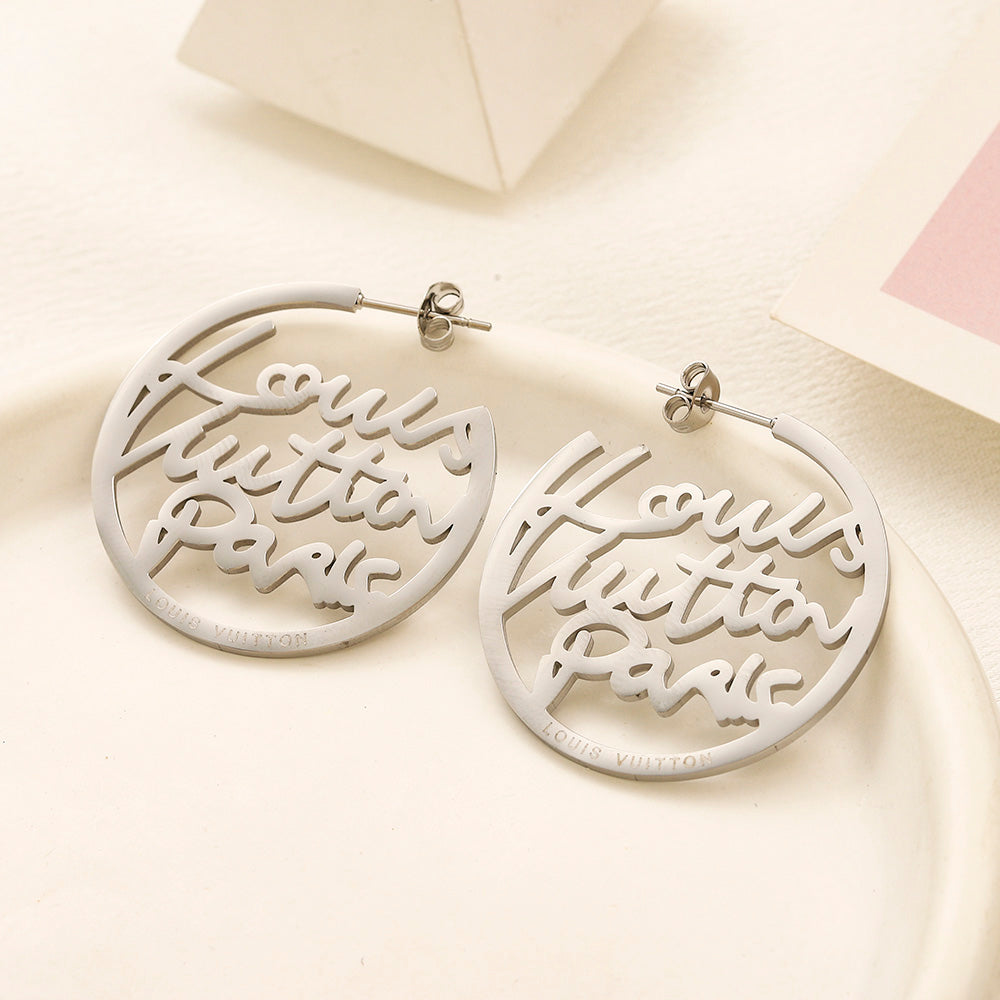 304 Stainless Steel Script Cutout Disc Hoop Earrings