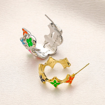 304 Stainless Steel Colorful Flower & Star Hoop Earrings