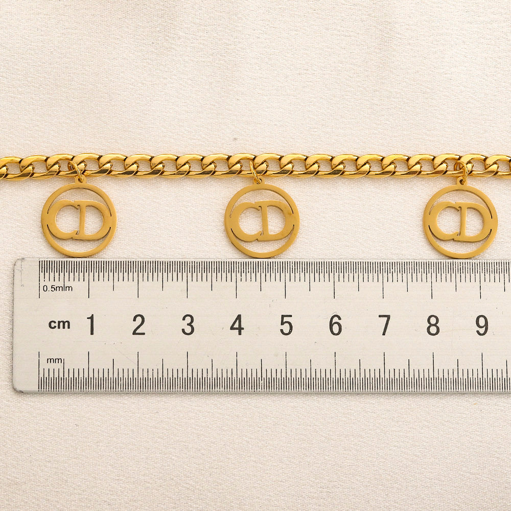 304 Stainless Steel Round Monogram Charm Curb Chain Necklace