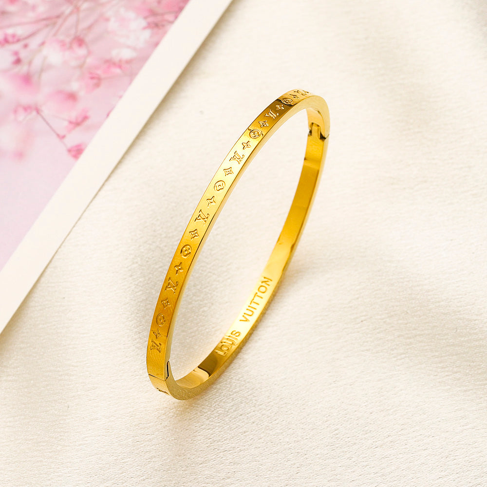 304 Stainless Steel Engraved Floral Monogram Bangle Bracelet