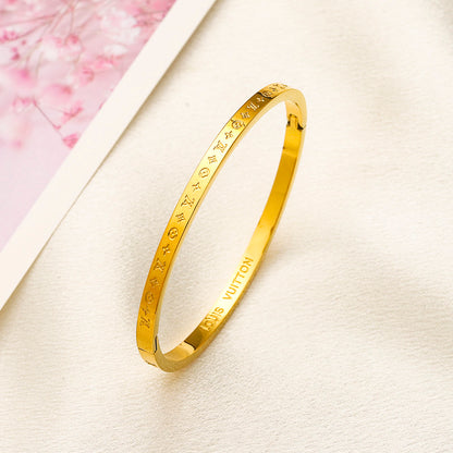 304 Stainless Steel Engraved Floral Monogram Bangle Bracelet