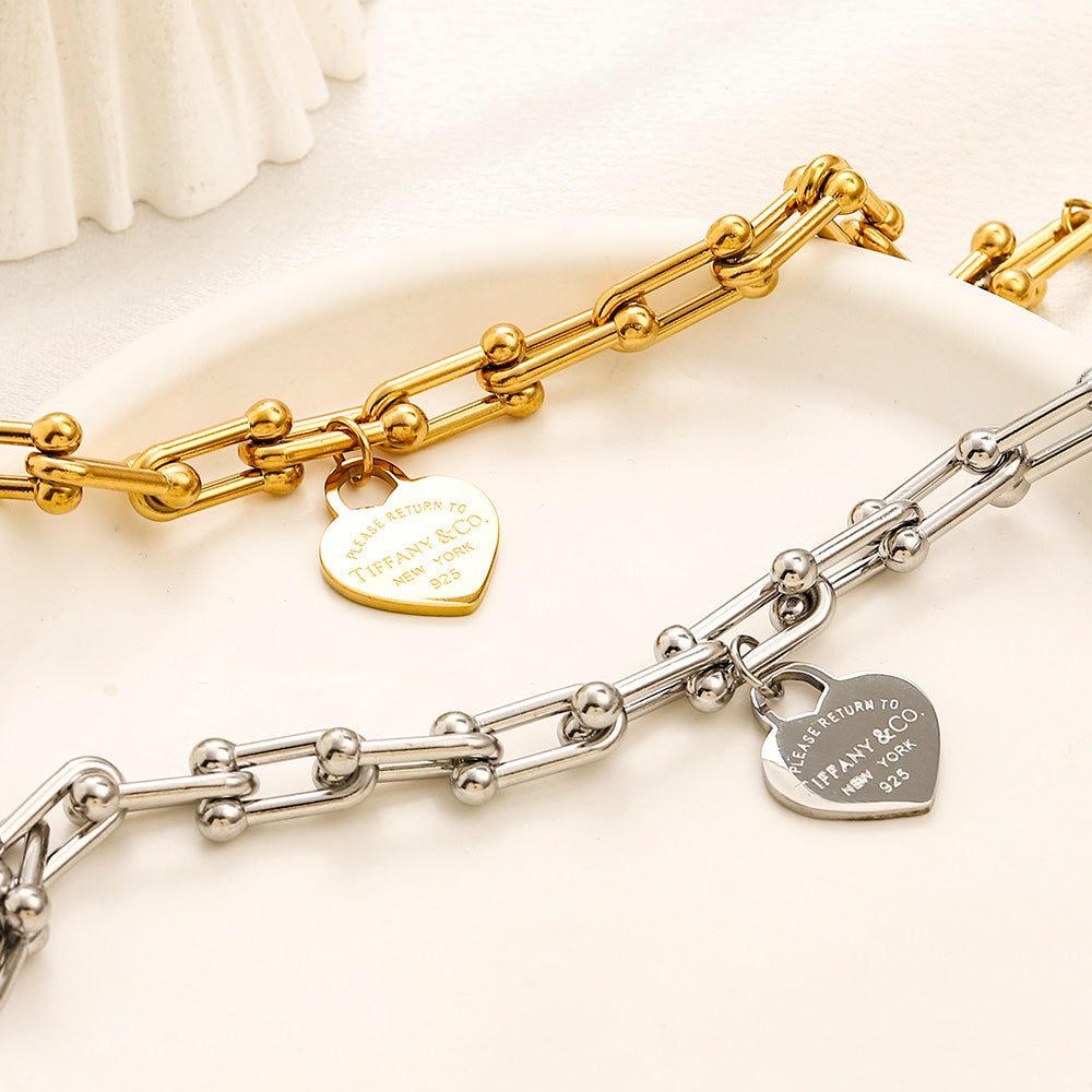 304 Stainless Steel Heart Charm Paperclip Chain Bracelet