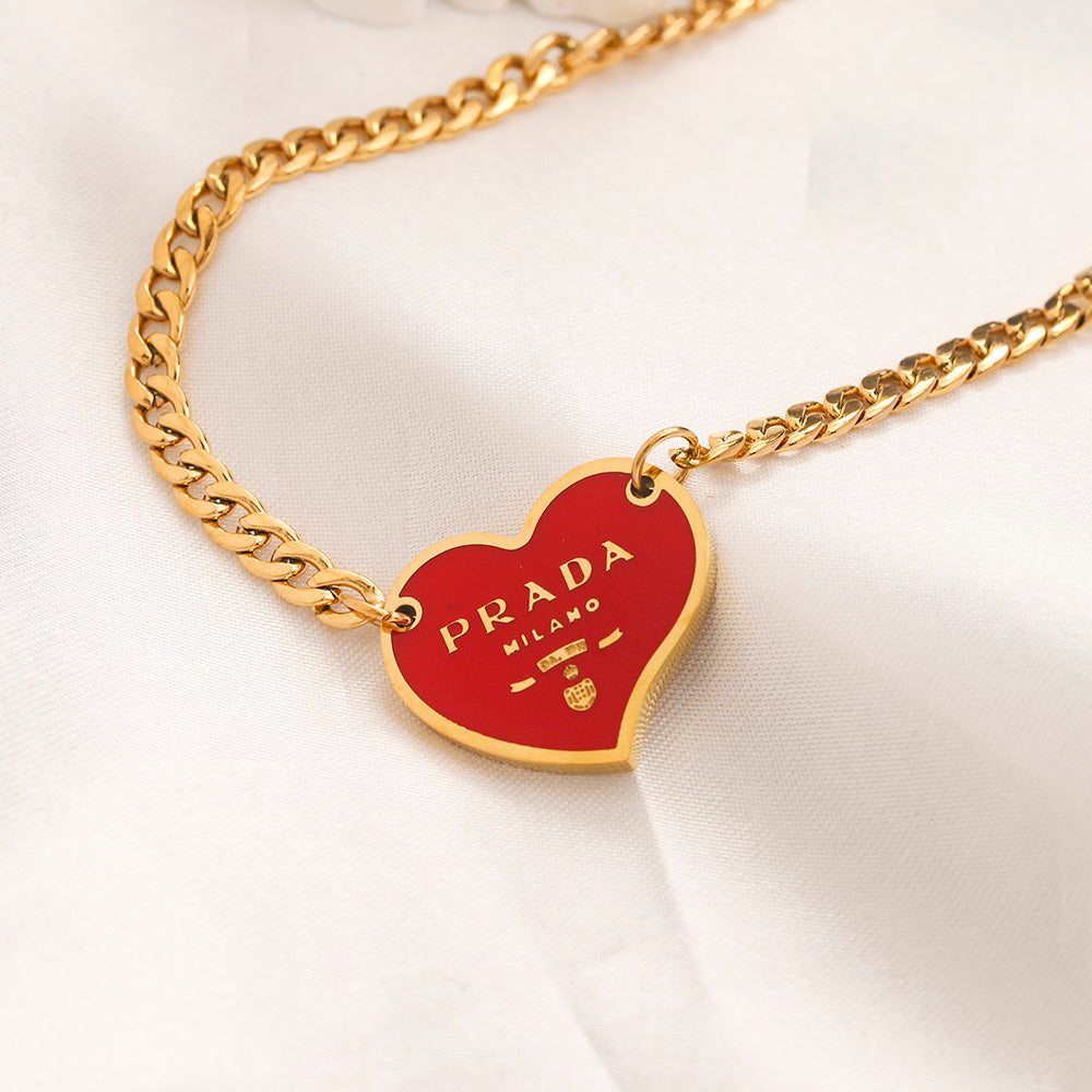 304 Stainless Steel Color-Inlay Heart Pendant Curb Chain Necklace