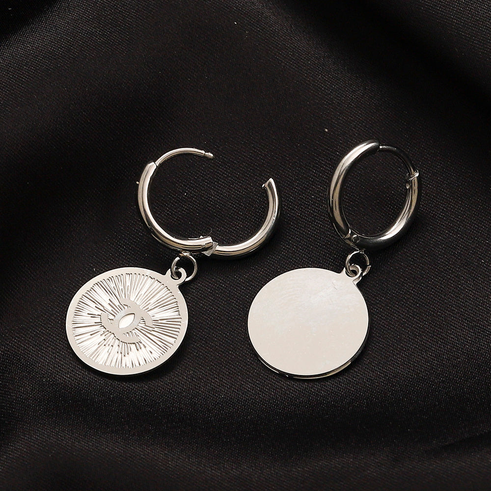 304 Stainless Steel Engraved Medallion Charm Hoop Earrings