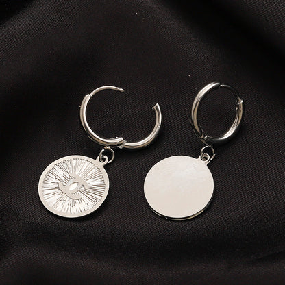 304 Stainless Steel Engraved Medallion Charm Hoop Earrings