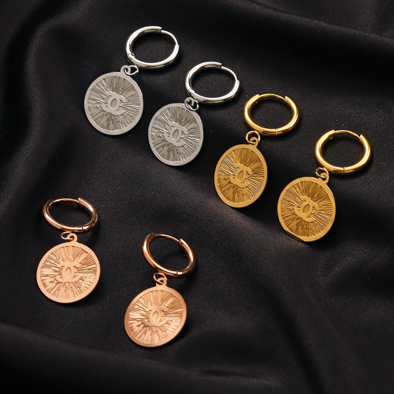 304 Stainless Steel Engraved Medallion Charm Hoop Earrings