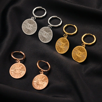 304 Stainless Steel Engraved Medallion Charm Hoop Earrings