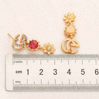 304 Stainless Steel Floral Stone Interlocking-G Dangle Earrings