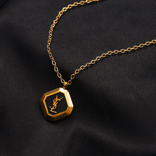 304 Stainless Steel Black-Inlay Octagonal Monogram Necklace