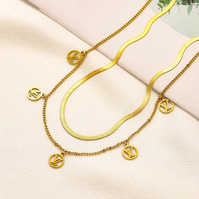 304 Stainless Steel Layered Herringbone & Disc Charm Necklace