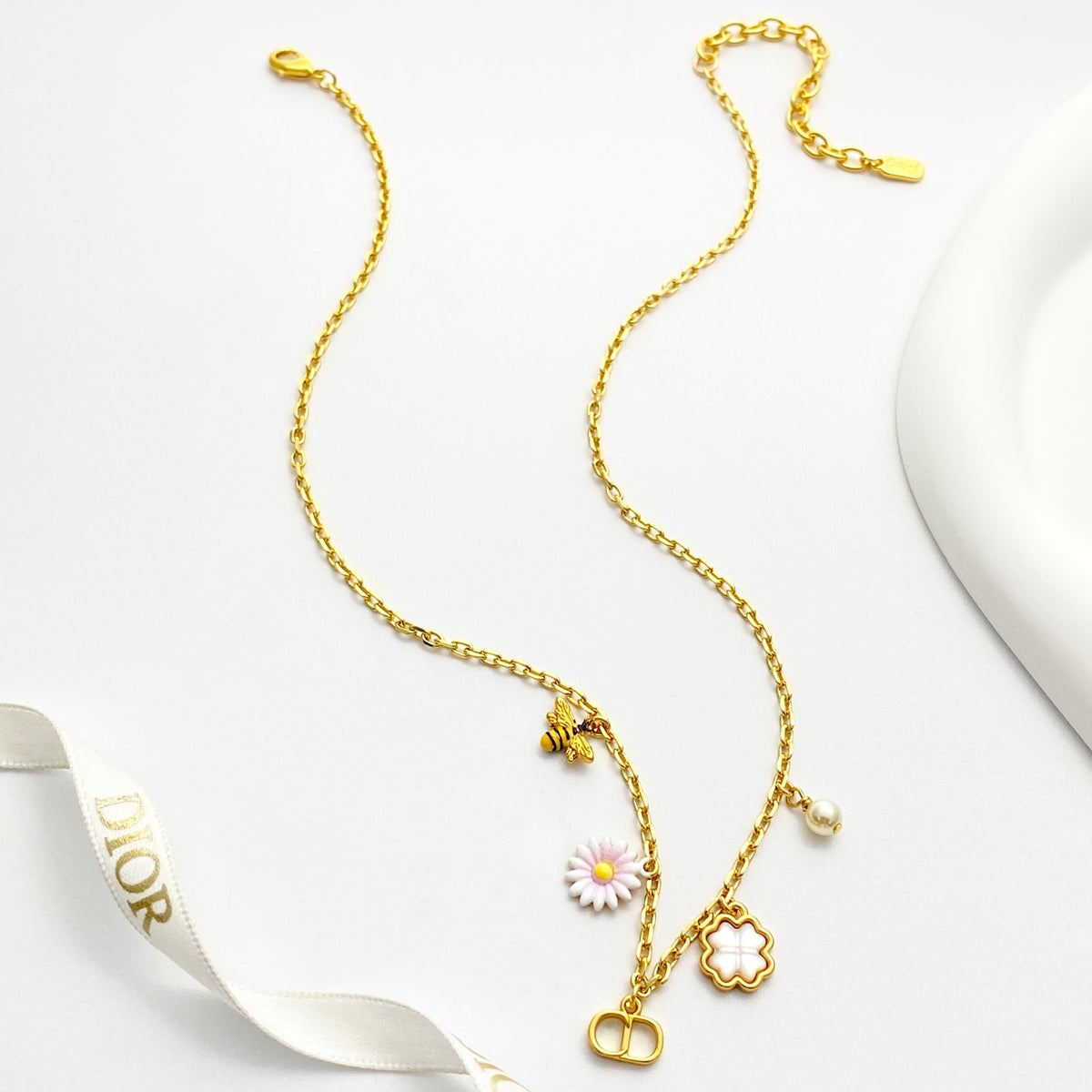 Floral Charm & Pearl-Look Bead Necklace