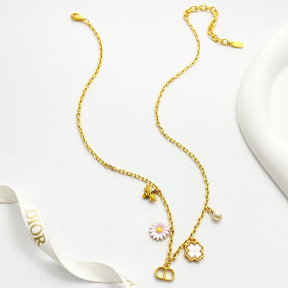 Floral Charm & Pearl-Look Bead Necklace