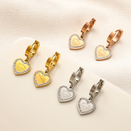 304 Stainless Steel Pave-Edge Heart Charm Huggie Earrings