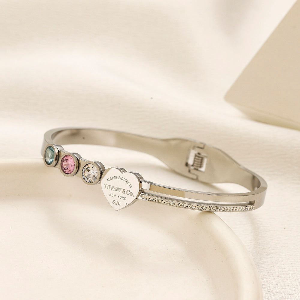 304 Stainless Steel Pastel Stone & Heart Bangle Bracelet