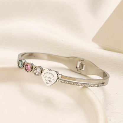 304 Stainless Steel Pastel Stone & Heart Bangle Bracelet