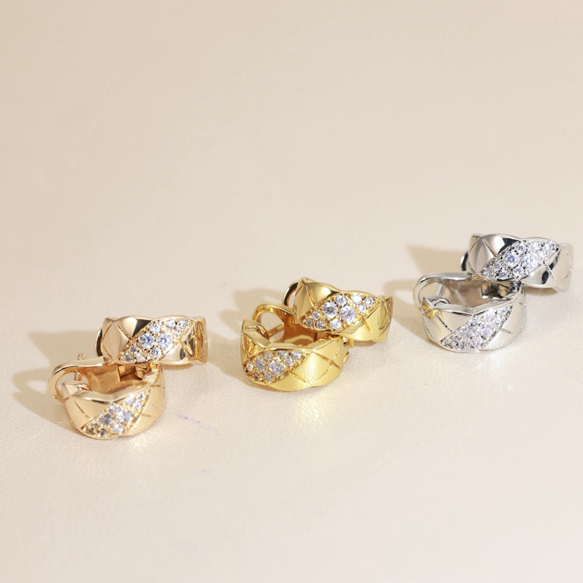 Pave Diamond-Pattern Huggie Earrings
