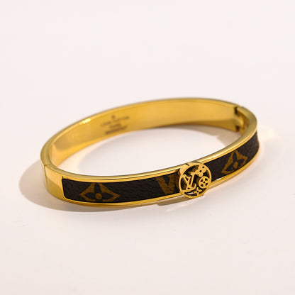 304 Stainless Steel Dark-Inlay Round Monogram Bangle Bracelet