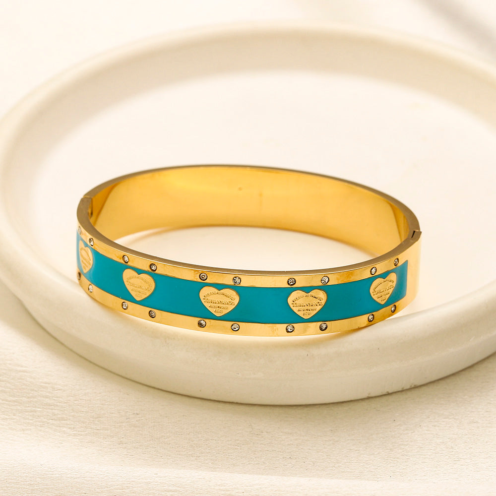 304 Stainless Steel Color-Inlay Heart Pattern Bangle Bracelet