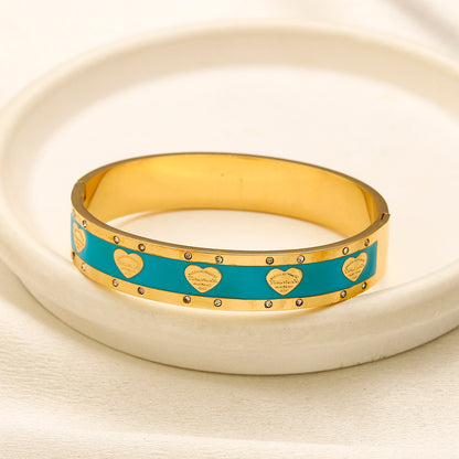 304 Stainless Steel Color-Inlay Heart Pattern Bangle Bracelet