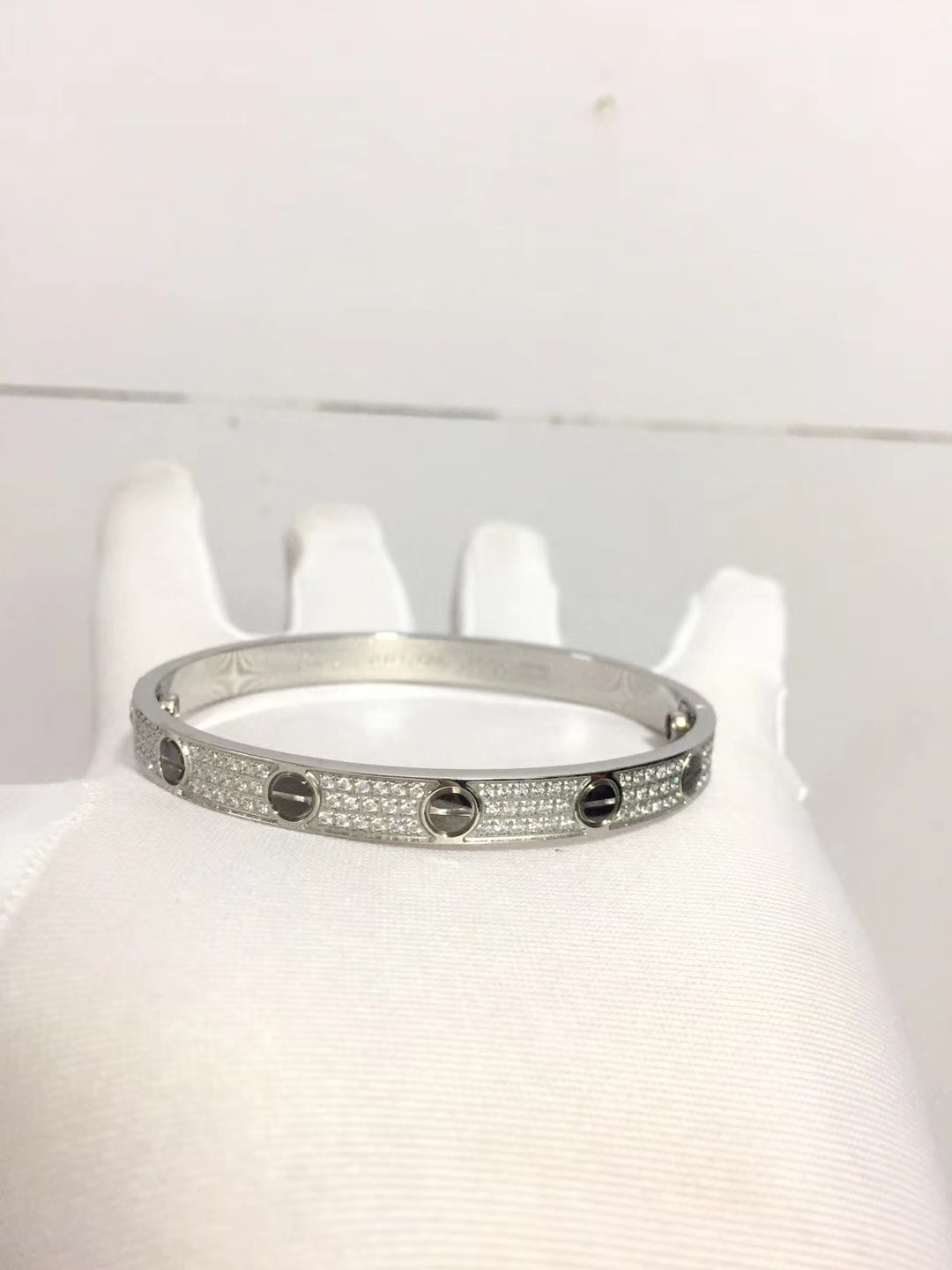 Silver-Tone Pave Screw-Detail Bangle Bracelet
