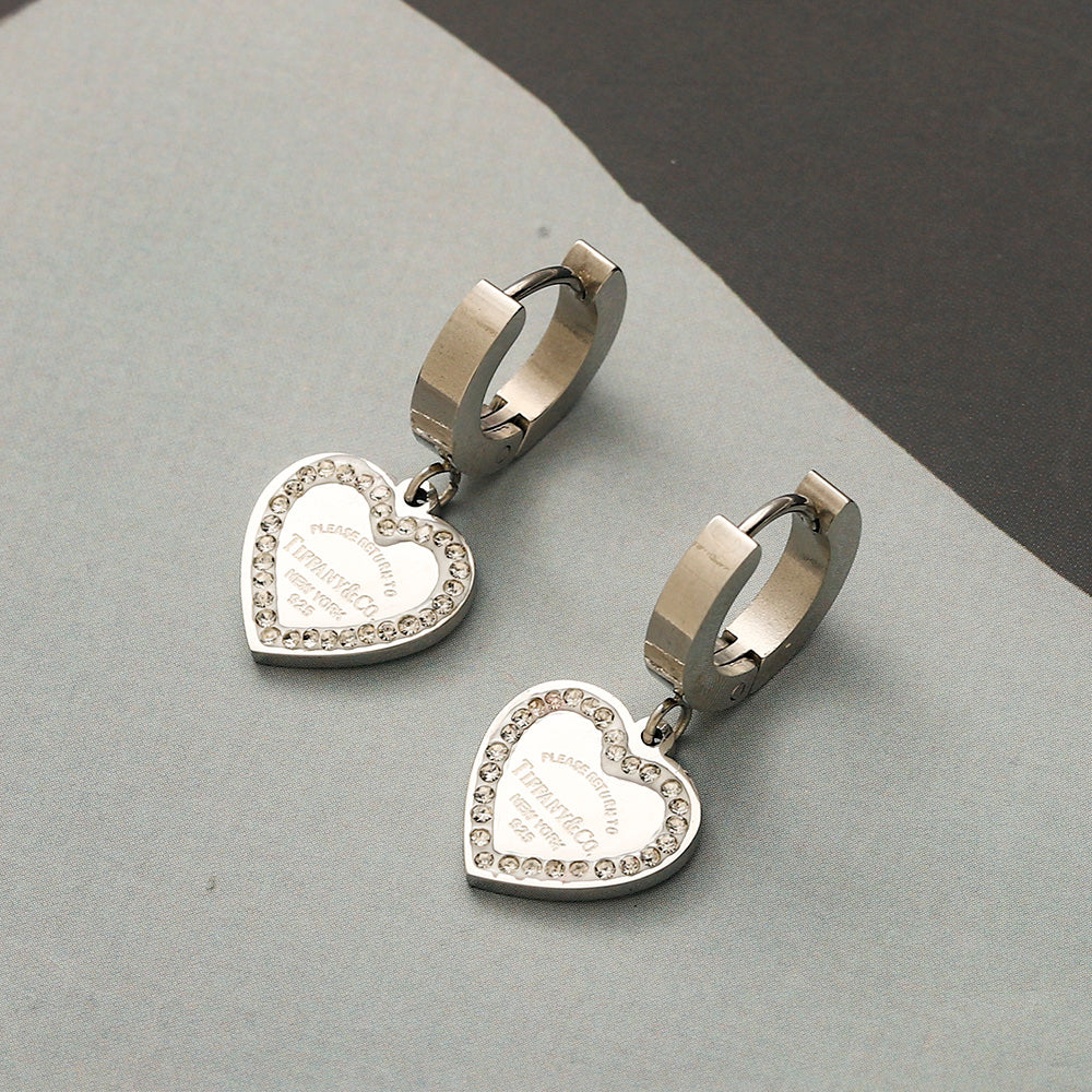 304 Stainless Steel Pave-Edge Heart Charm Huggie Earrings