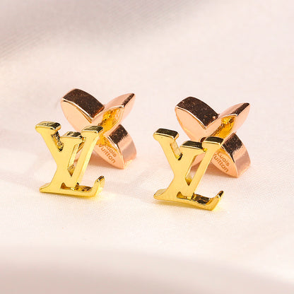 Copper Asymmetric Flower & Monogram Stud Earrings