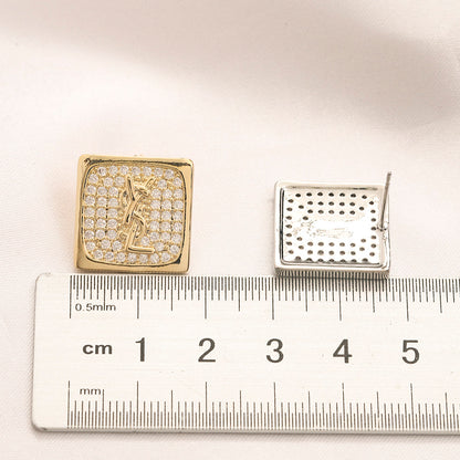304 Stainless Steel Pave Square Monogram Stud Earrings