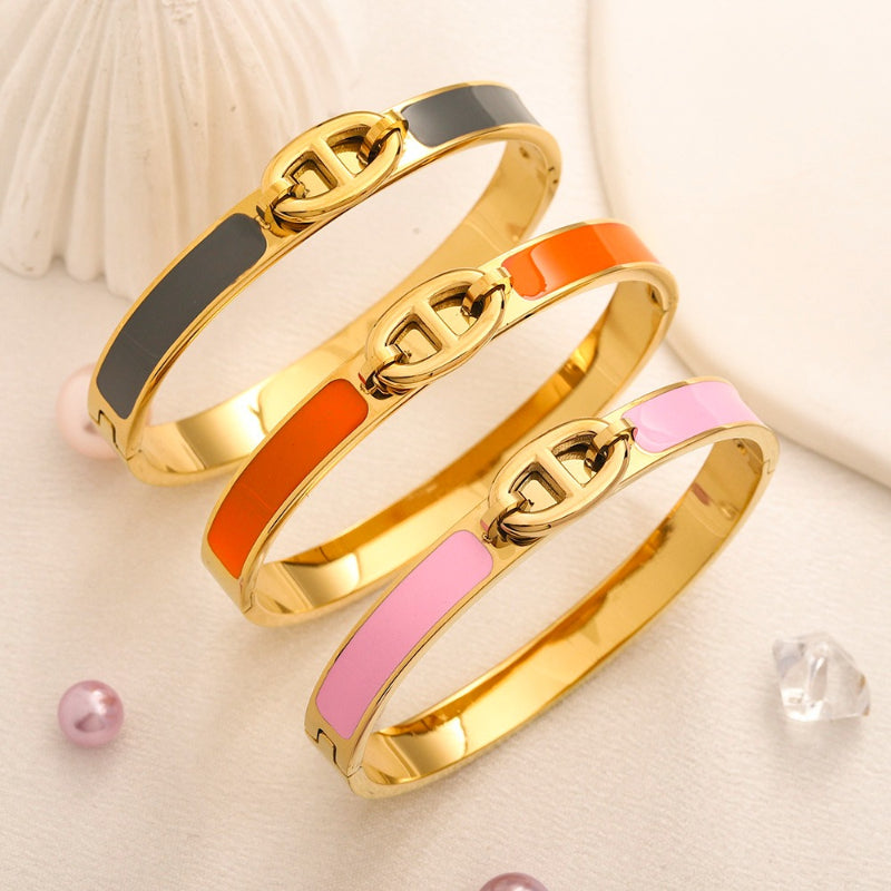 304 Stainless Steel Color-Inlay Oval-Link Bangle Bracelet