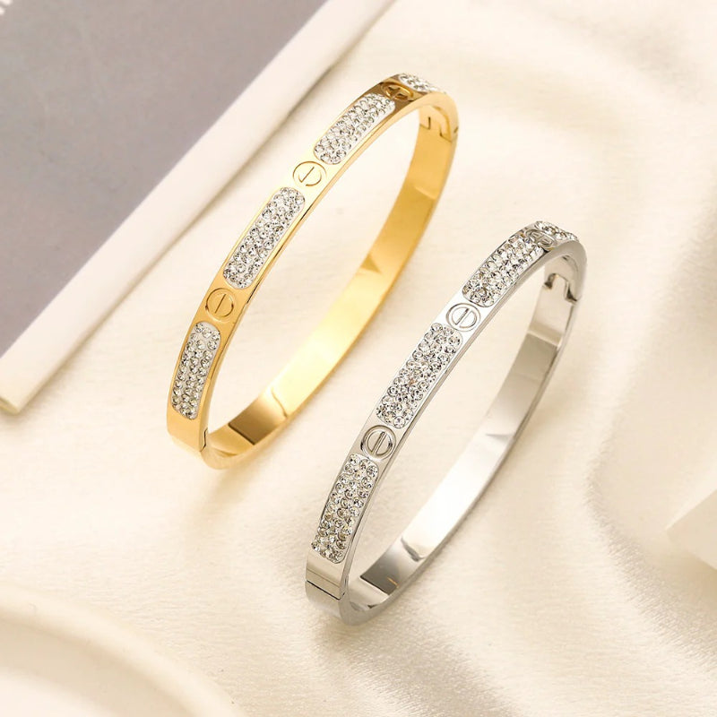 304 Stainless Steel Pave Screw-Motif Slim Bangle Bracelet