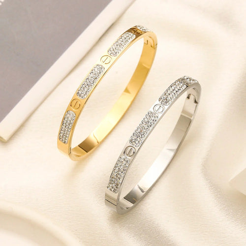 304 Stainless Steel Pave Screw-Motif Slim Bangle Bracelet