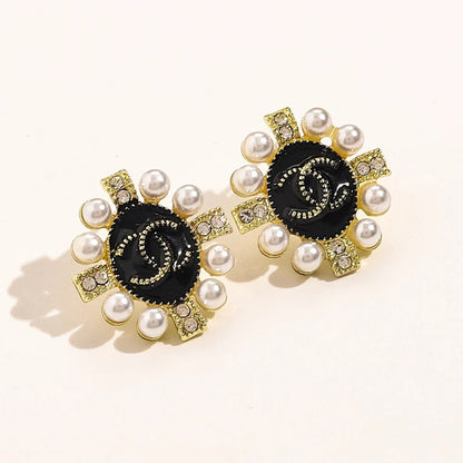 Alloy Black Medallion Pearl-Effect Cluster Stud Earrings