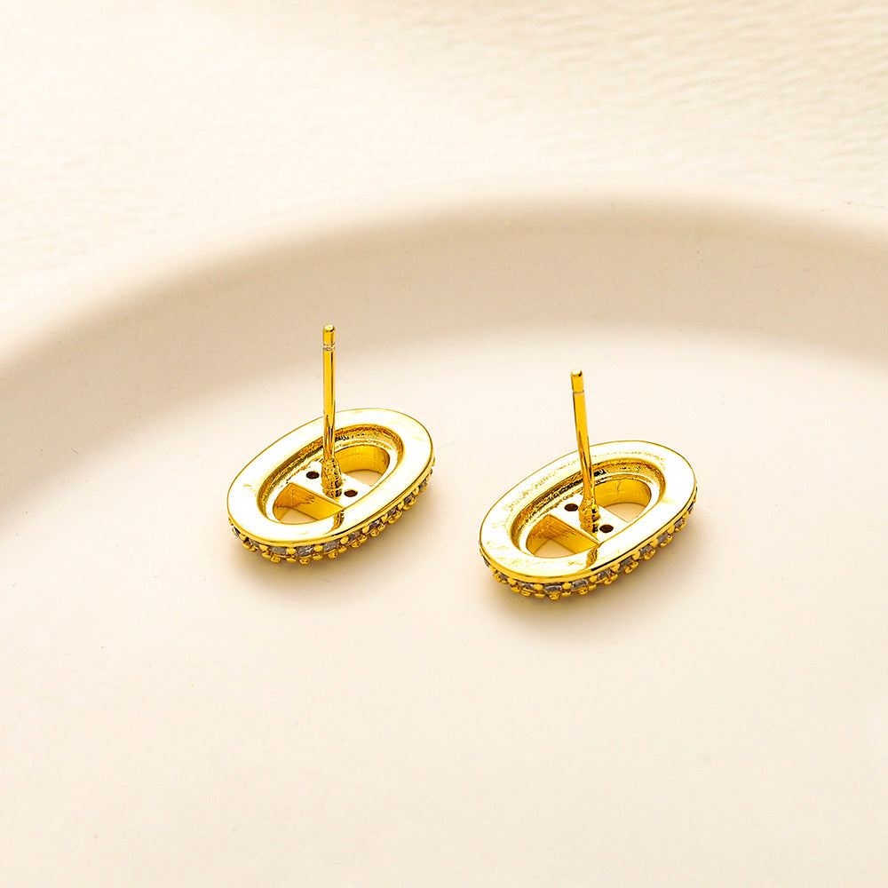 304 Stainless Steel Pave Oval H-Motif Stud Earrings