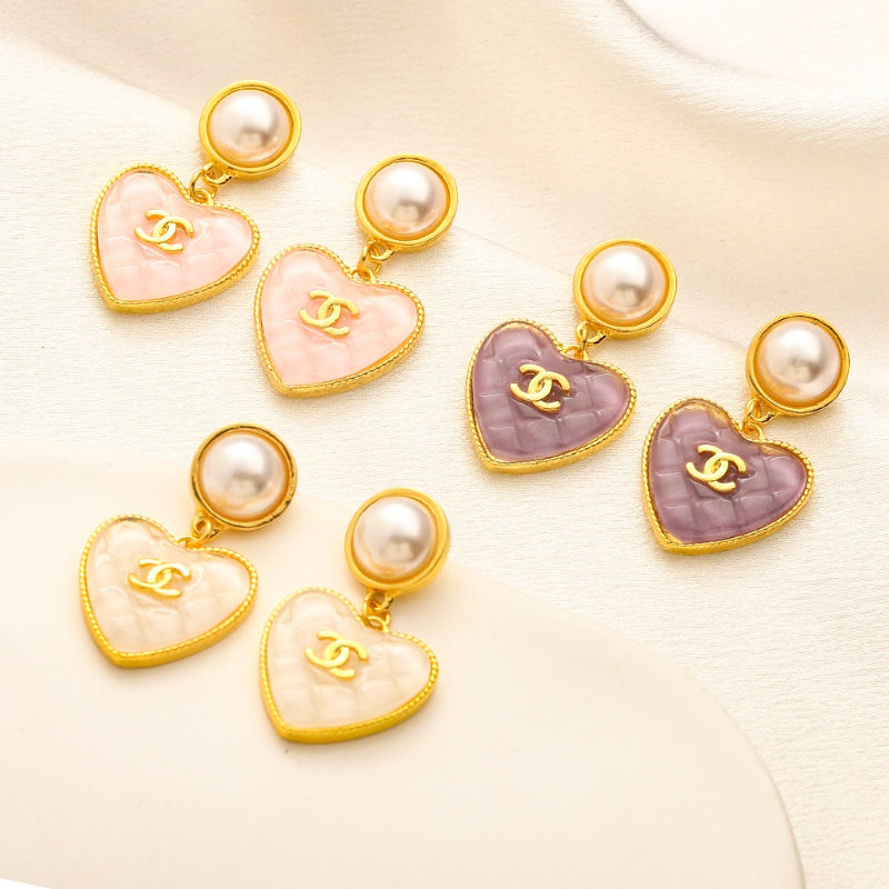 304 Stainless Steel Pearl-Effect & Pastel Heart Drop Earrings