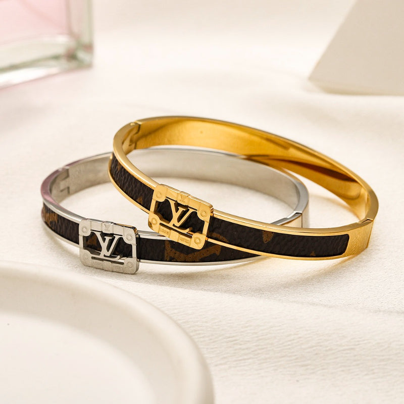 304 Stainless Steel Black Inlay Monogram Bangle Bracelet