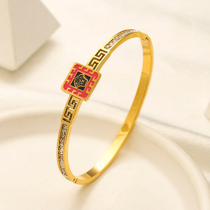 304 Stainless Steel Greek-Key Color-Accent Bangle Bracelet