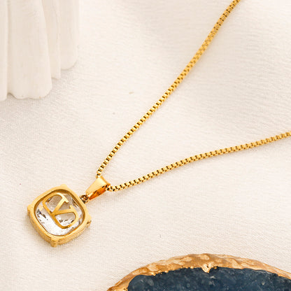 304 Stainless Steel Color-Inlay V-Motif Pendant Necklace