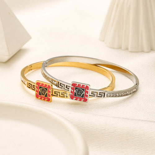 304 Stainless Steel Greek-Key Color-Accent Bangle Bracelet