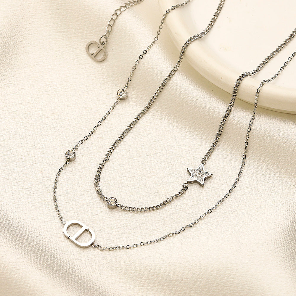 304 Stainless Steel Layered Bar & Monogram Necklace