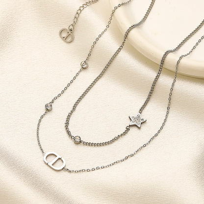 304 Stainless Steel Layered Bar & Monogram Necklace