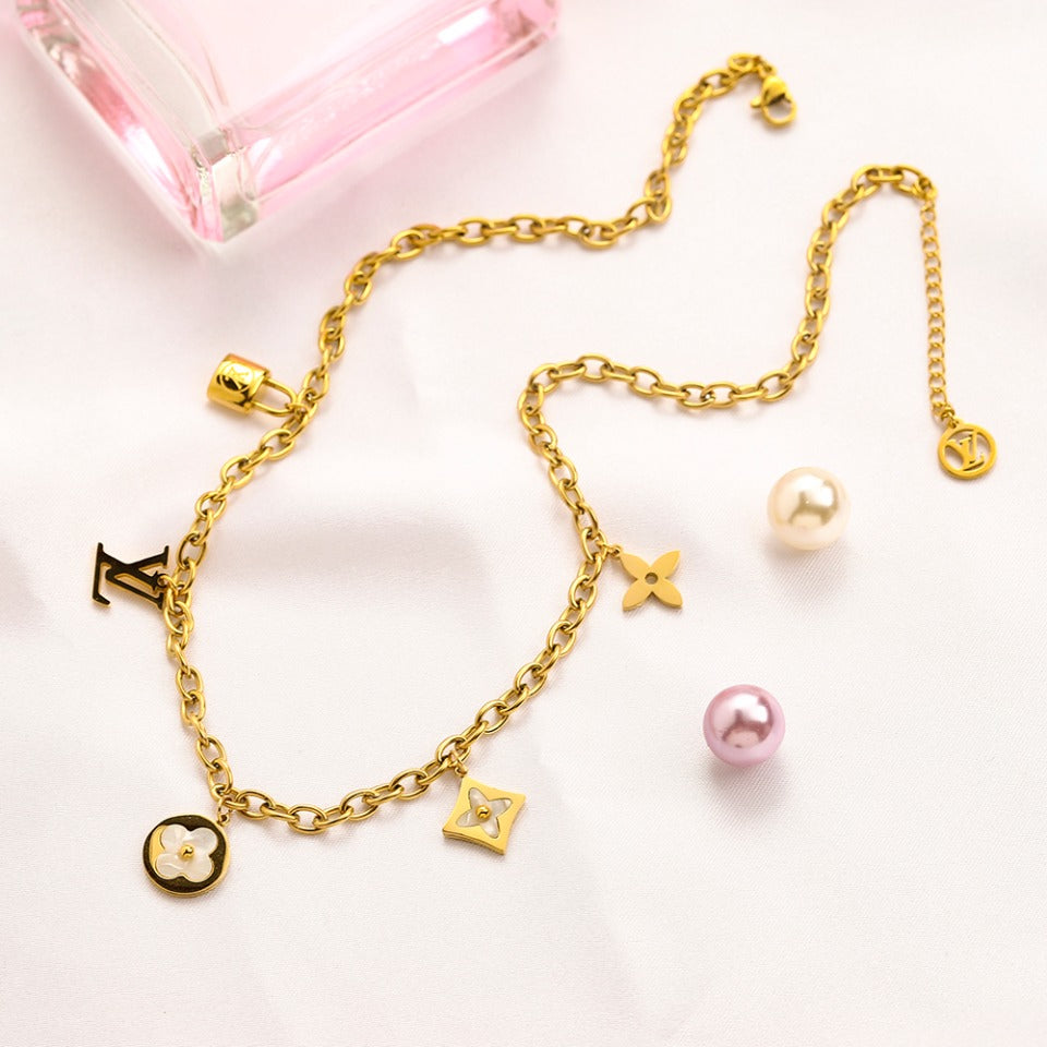 304 Stainless Steel Floral Monogram Charm Bracelet & Necklace - Individual or Set