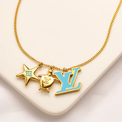 304 Stainless Steel Color-Accent Floral Monogram Necklace