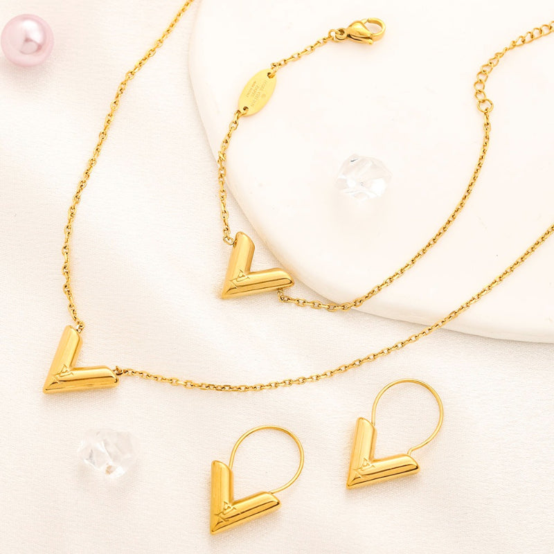 304 Stainless Steel V-Motif Earrings, Bracelet & Necklace Collection