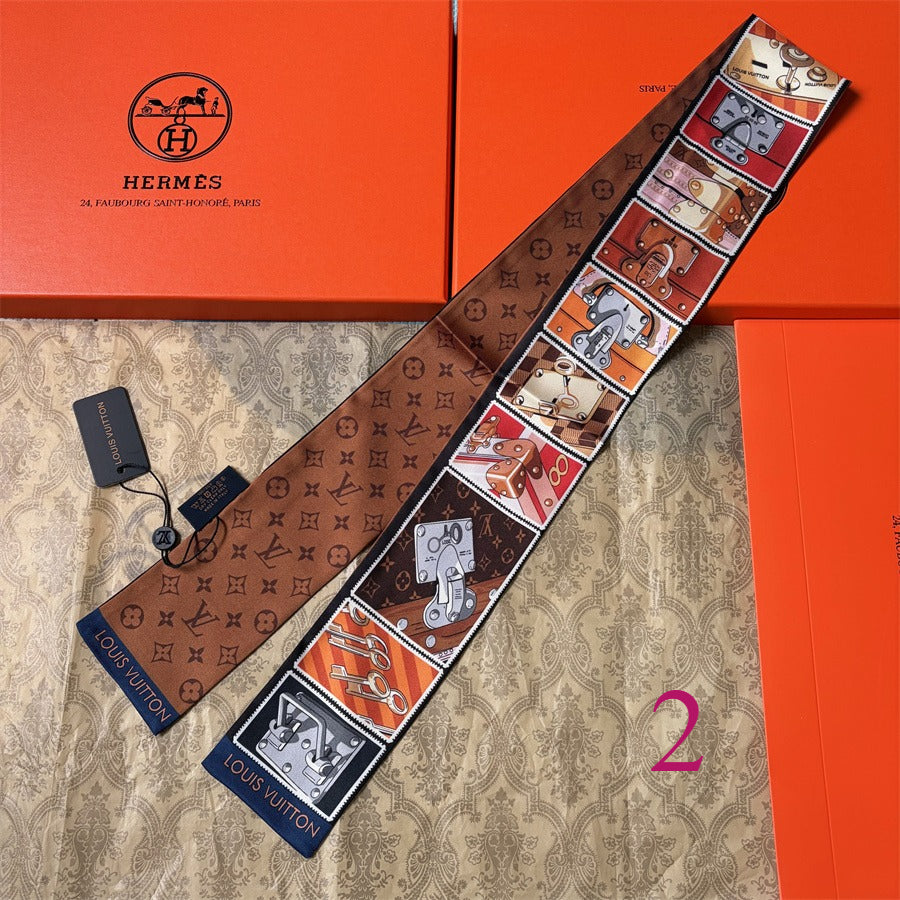 Illustrated Panel Print Ribbon Scarf - 5 x 120 cm